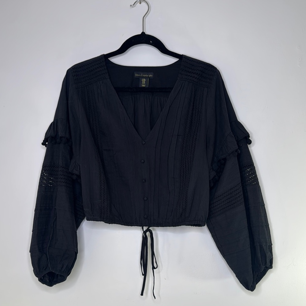 House of Harlow 1960 Black Long Sleeve Tie Front Blouse